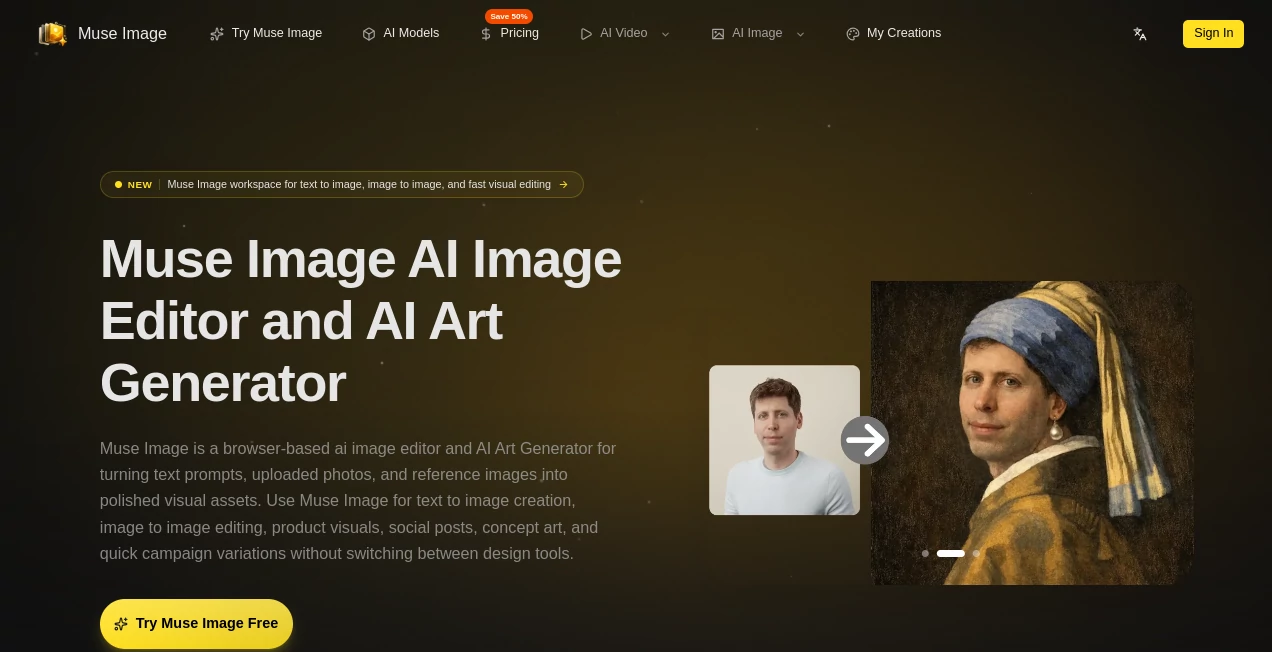 Screenshot of Muse Image – An AI tool in the ,AI Photo & Image Generator ,AI Art Generator ,Design & Art  category, showcasing its interface and key features.