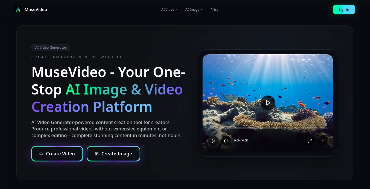 Screenshot of MuseVideo – An AI tool in the ,AI Animated Video ,AI Image to Video ,AI Text to Video ,AI Video Generator  category, showcasing its interface and key features.