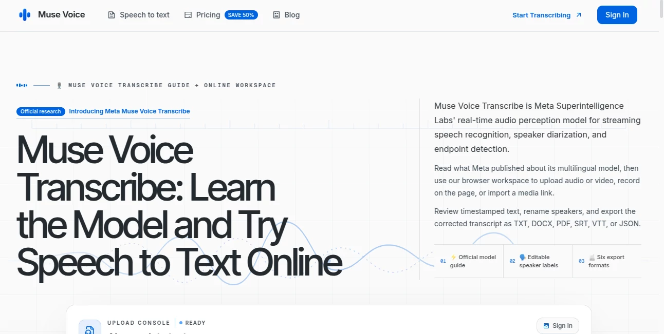 Screenshot of Muse Voice – An AI tool in the ,AI Recording ,AI Transcription ,AI Speech to Text ,AI Captions or Subtitle  category, showcasing its interface and key features.