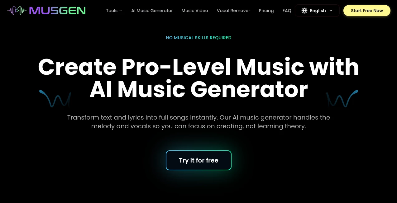 Screenshot of MusGen – An AI tool in the ,AI Text to Music ,AI Lyrics Generator ,AI Music Generator ,AI Voice & Audio Editing  category, showcasing its interface and key features.