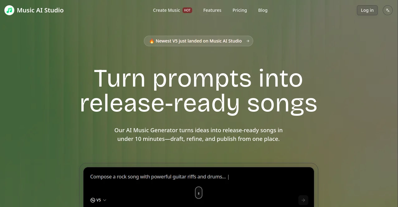 Screenshot of Music AI Studio – An AI tool in the ,AI Text to Music ,AI Singing Generator ,AI Lyrics Generator ,AI Music Generator  category, showcasing its interface and key features.