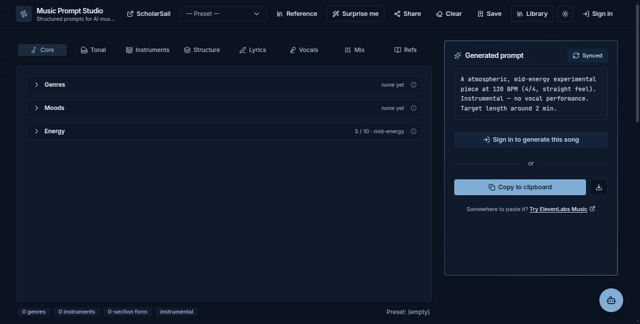 Screenshot of Music Prompt Studio – An AI tool in the ,AI Text to Music ,AI Music Generator ,Prompt  category, showcasing its interface and key features.