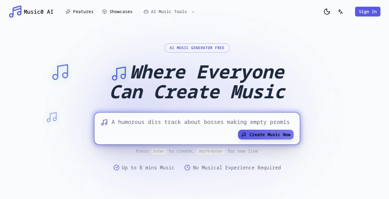 Screenshot of Music0 AI – An AI tool in the ,AI Text to Music ,AI Music Video Generator ,AI Audio Enhancer ,AI Music Generator  category, showcasing its interface and key features.