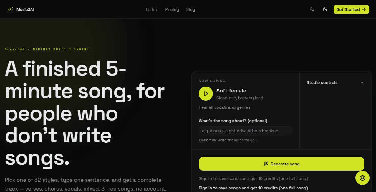 Screenshot of Music3AI – An AI tool in the ,AI Text to Music ,AI Singing Generator ,AI Music Generator  category, showcasing its interface and key features.