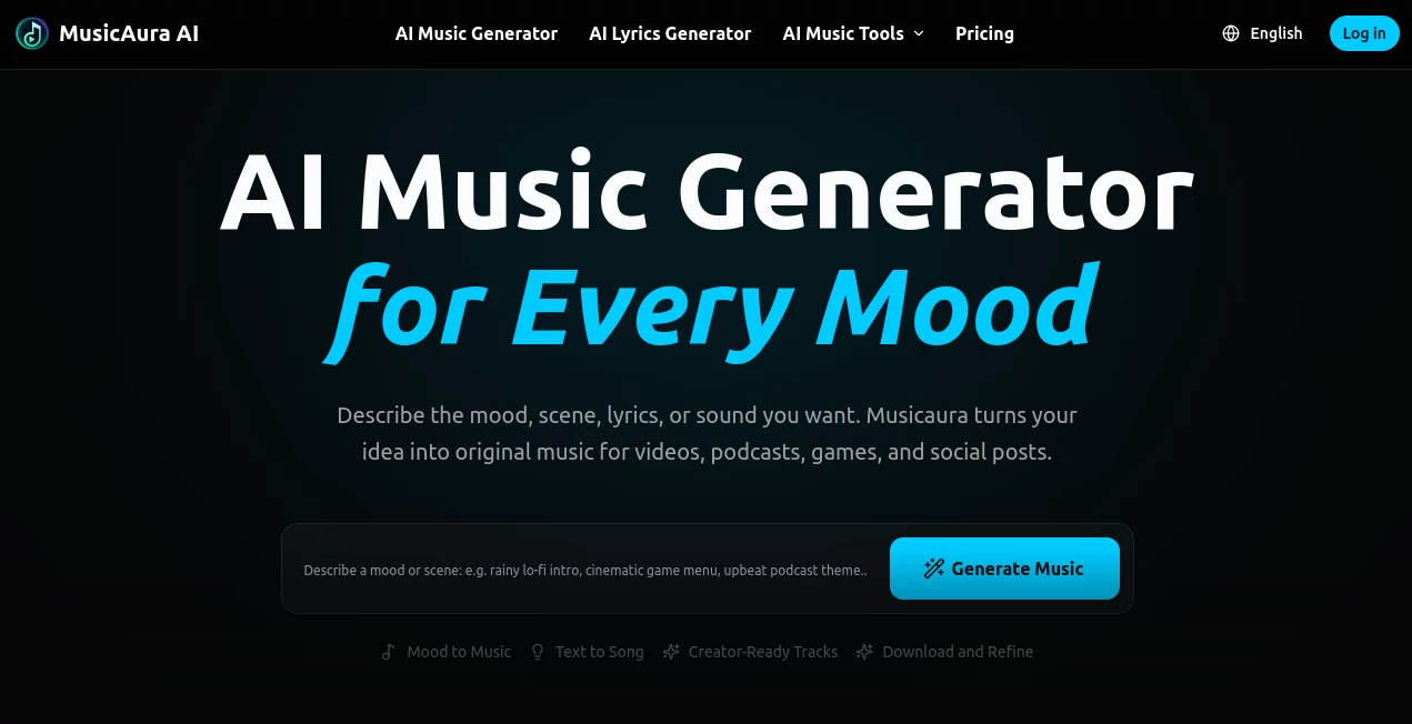 Screenshot of MusicAura AI – An AI tool in the ,AI Text to Music ,AI Audio Enhancer ,AI Music Generator ,AI Voice & Audio Editing  category, showcasing its interface and key features.