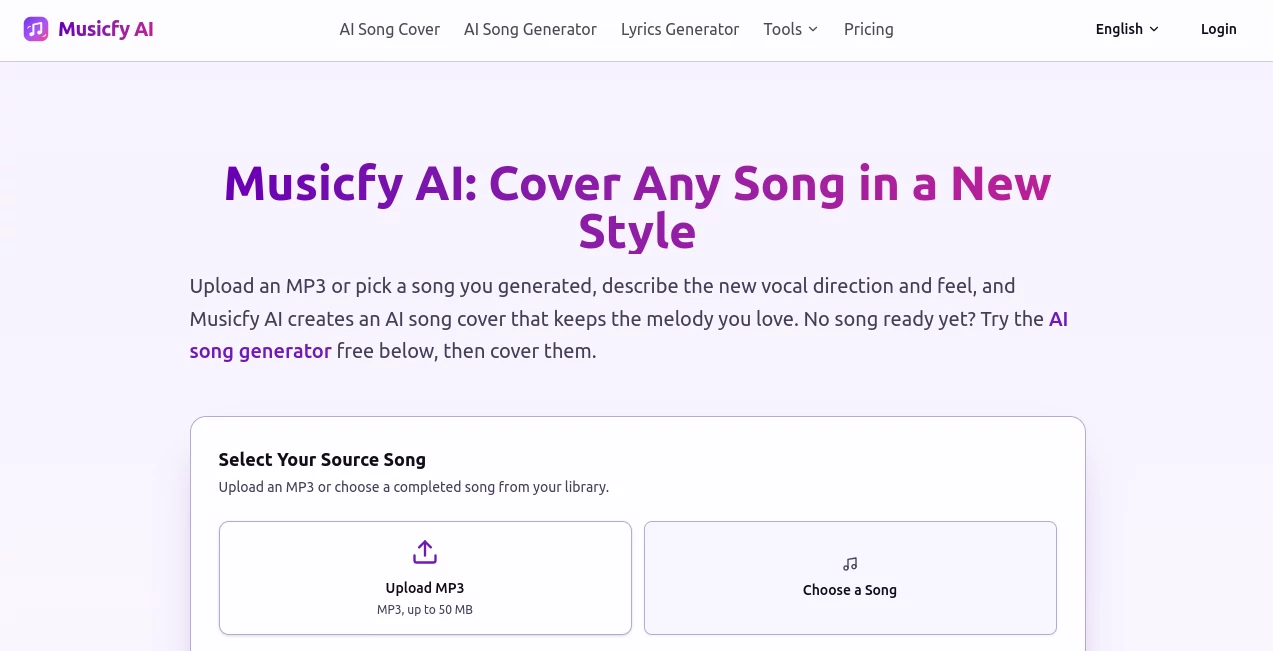 Screenshot of Musicfy AI – An AI tool in the ,AI Voice Changer ,AI Text to Music ,AI Voice Cloning ,AI Music Generator  category, showcasing its interface and key features.