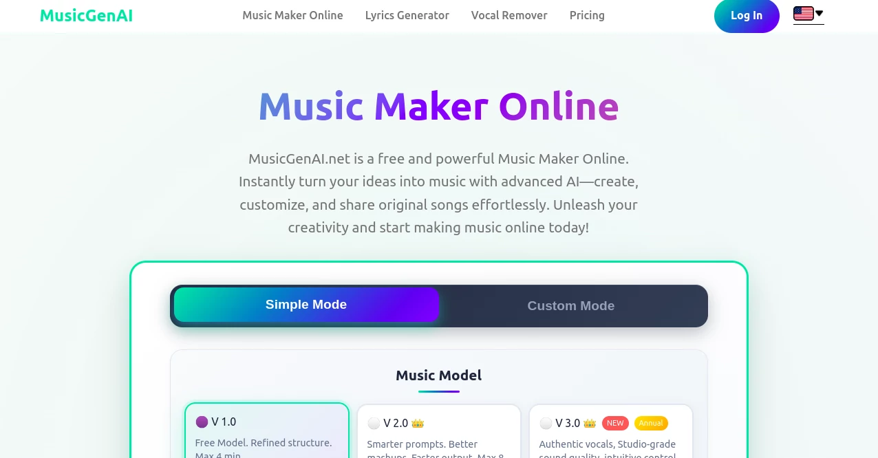 Screenshot of MusicGenAI – An AI tool in the ,AI Text to Music ,AI Audio Enhancer ,AI Music Generator  category, showcasing its interface and key features.