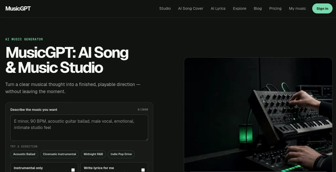 Screenshot of MusicGPT – An AI tool in the ,AI Text to Music ,AI Lyrics Generator ,AI Music Generator  category, showcasing its interface and key features.