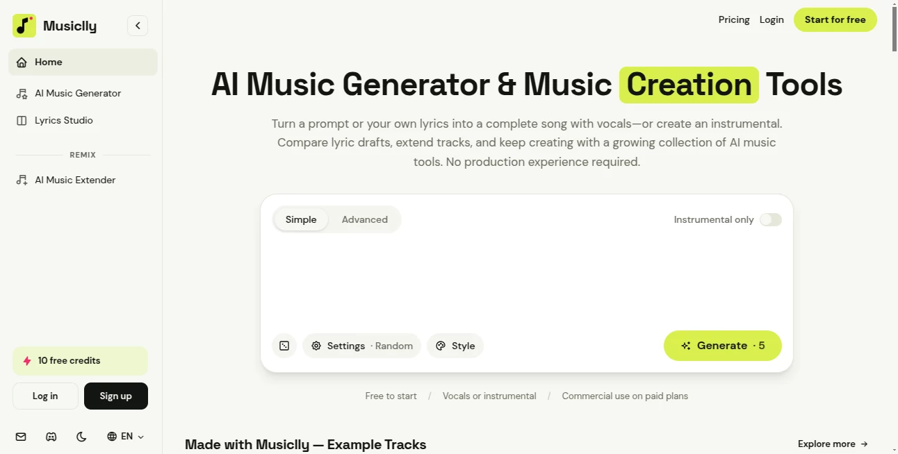 Screenshot of Musiclly – An AI tool in the ,AI Text to Music ,AI Lyrics Generator ,AI Music Generator  category, showcasing its interface and key features.