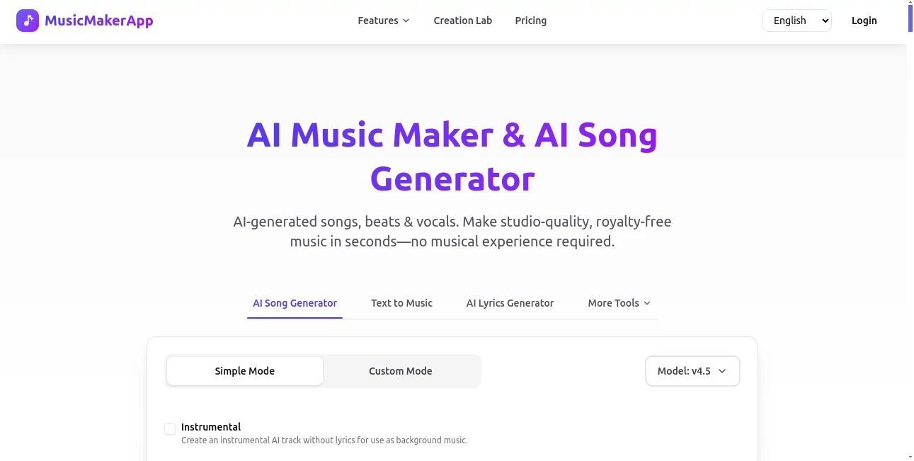 Screenshot of Music Maker App – An AI tool in the ,AI Audio Enhancer ,AI Music Generator ,AI Voice & Audio Editing ,AI Text to Music  category, showcasing its interface and key features.