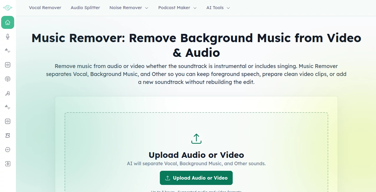 Screenshot of Vocal Remover – An AI tool in the ,AI Audio Enhancer ,AI Music Generator ,AI Voice & Audio Editing  category, showcasing its interface and key features.