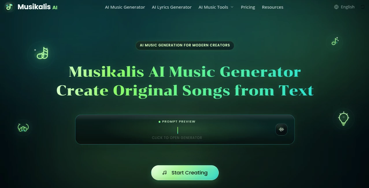 Screenshot of Musikalis AI Music Generator – An AI tool in the ,AI Text to Music ,AI Lyrics Generator ,AI Music Generator ,AI Voice & Audio Editing  category, showcasing its interface and key features.