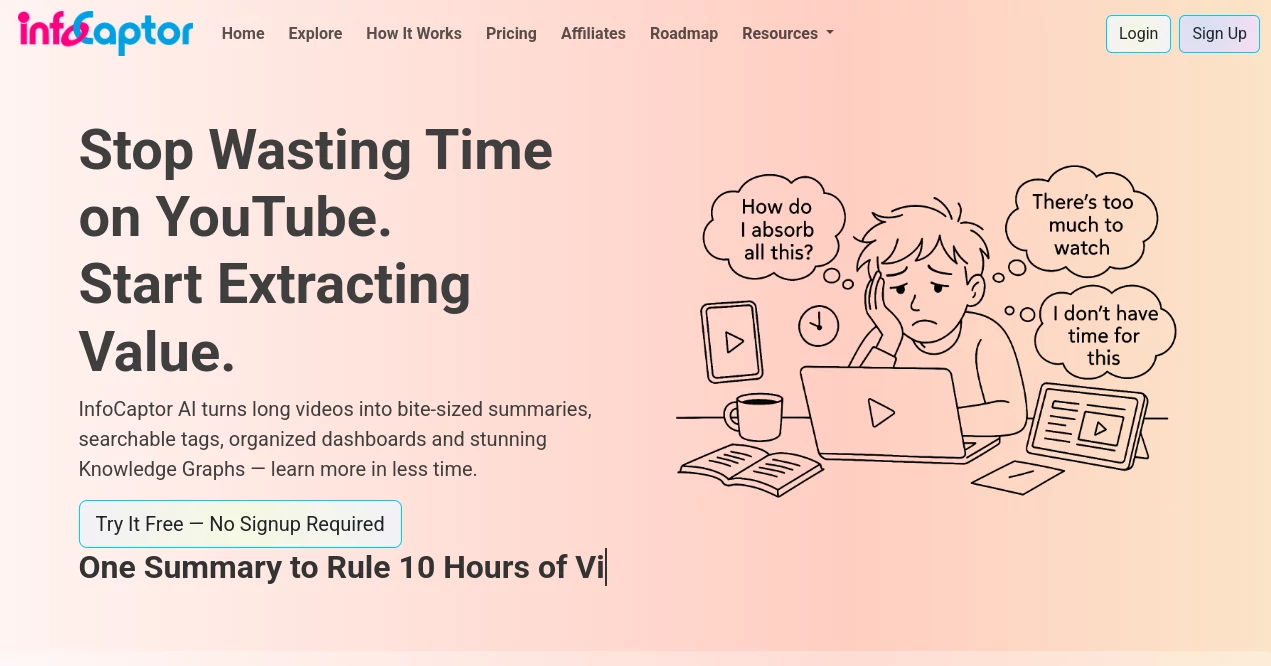Screenshot of InfoCaptor AI – An AI tool in the ,AI Knowledge Management ,AI Education Assistant ,Video ,AI Summarizer ,AI Productivity Tools  category, showcasing its interface and key features.
