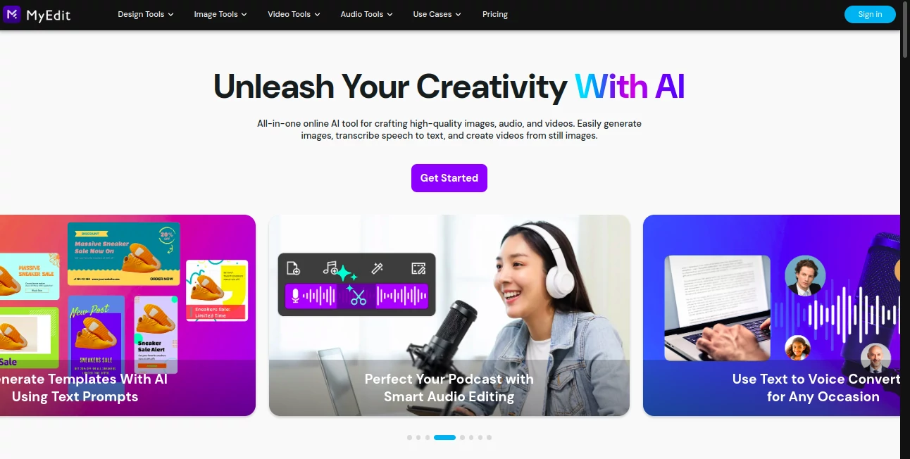 Screenshot of MyEdit – An AI tool in the ,Photo & Image Editor ,AI Voice & Audio Editing ,AI Documents Assistant ,AI Files Assistant  category, showcasing its interface and key features.