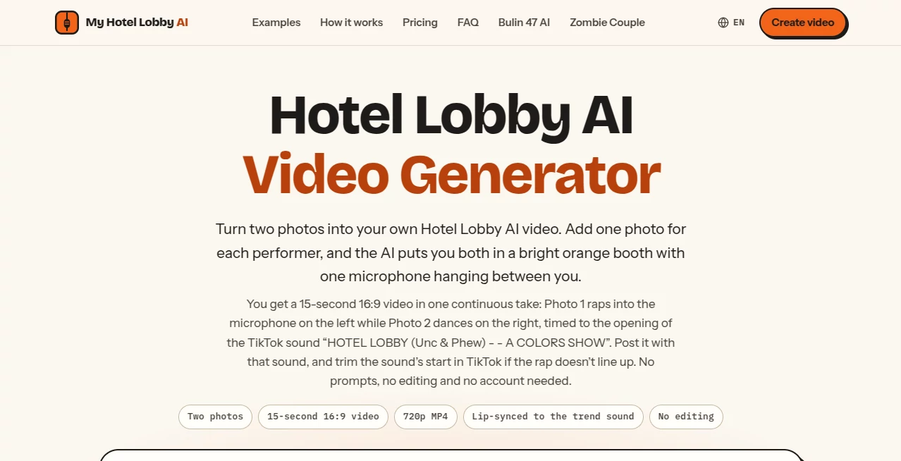 Screenshot of My Hotel Lobby AI – An AI tool in the ,AI Image to Video ,AI Personalized Video Generator ,Video ,AI Lip Sync Generator  category, showcasing its interface and key features.