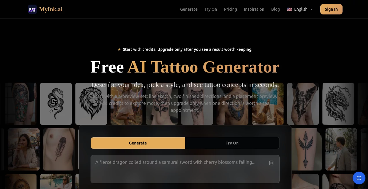 Screenshot of MyInk.ai – An AI tool in the ,AI Design Assistant ,AI Tattoo Generator  category, showcasing its interface and key features.