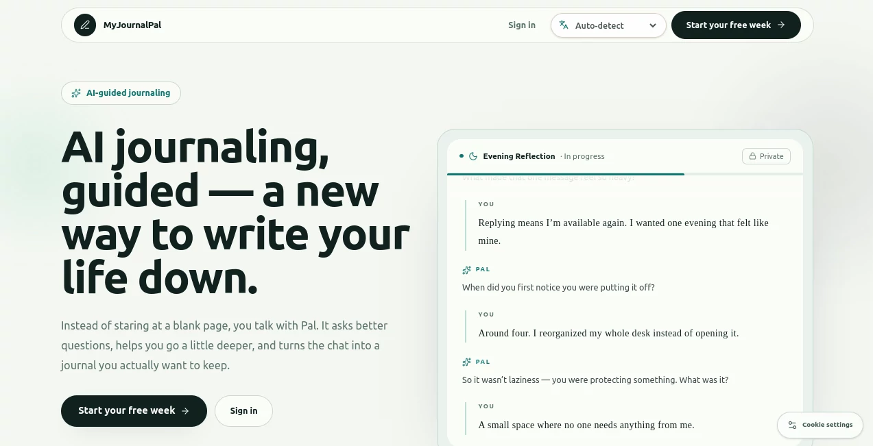 Screenshot of MyJournalPal – An AI tool in the ,AI Writing Assistants ,AI Life Assistant ,AI Mental Health  category, showcasing its interface and key features.