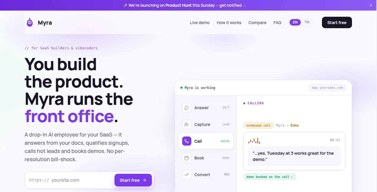Screenshot of Myra – An AI tool in the ,AI Lead Generation ,AI Chatbot ,AI Customer Service Assistant ,AI Scheduling  category, showcasing its interface and key features.