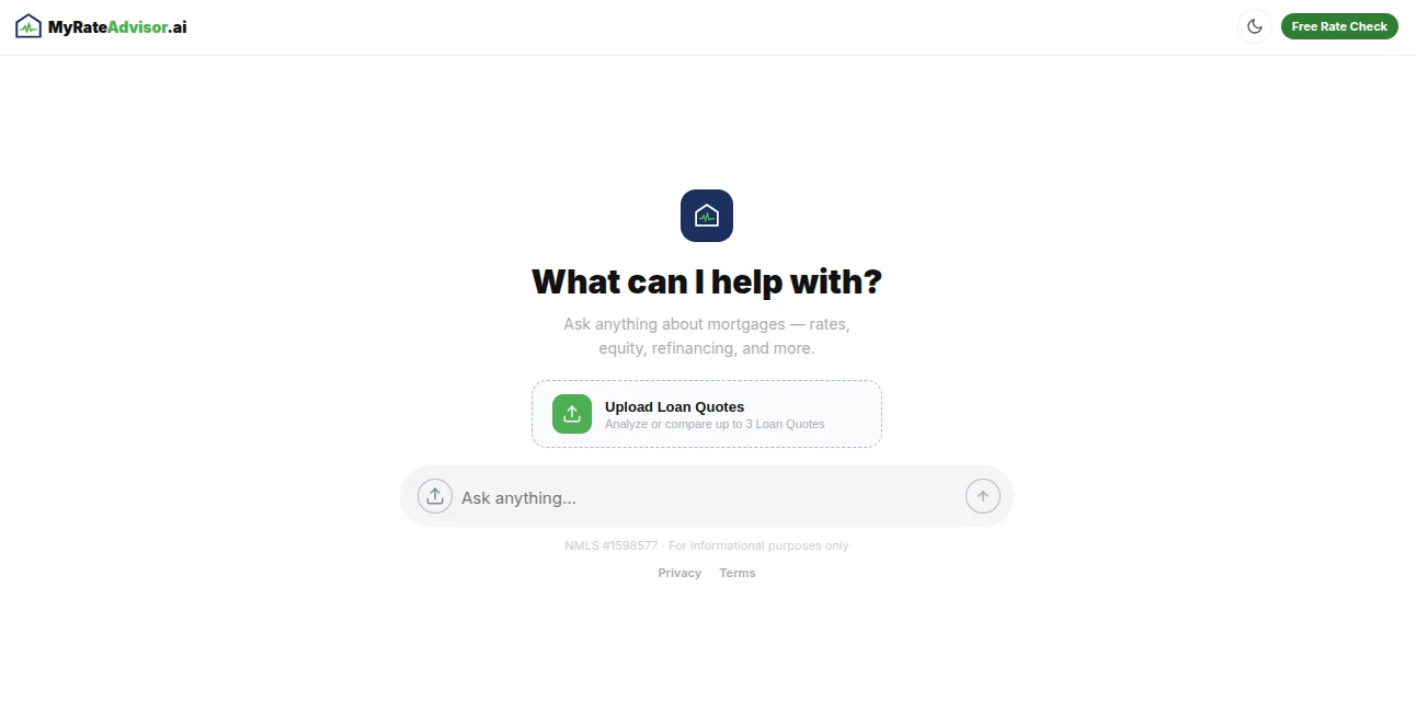 Screenshot of MyRateAdvisor.ai – An AI tool in the ,AI Research Tool ,AI Chatbot ,AI Life Assistant  category, showcasing its interface and key features.