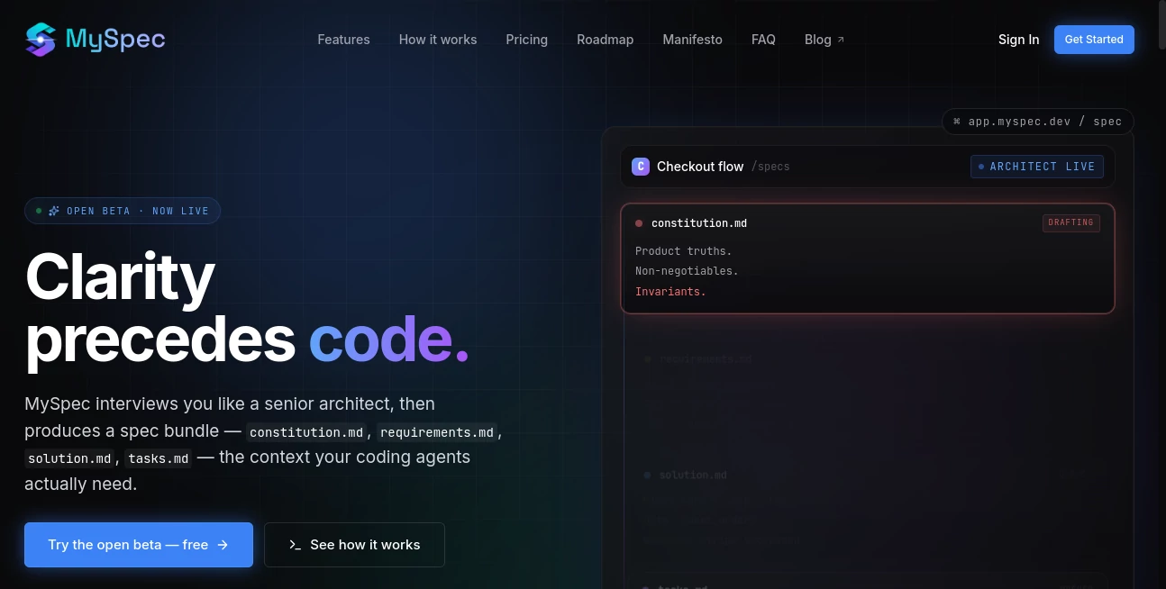 Screenshot of myspec.dev – An AI tool in the ,AI No-Code & Low-Code ,AI Code Assistant ,AI API Design ,AI Developer Tools  category, showcasing its interface and key features.