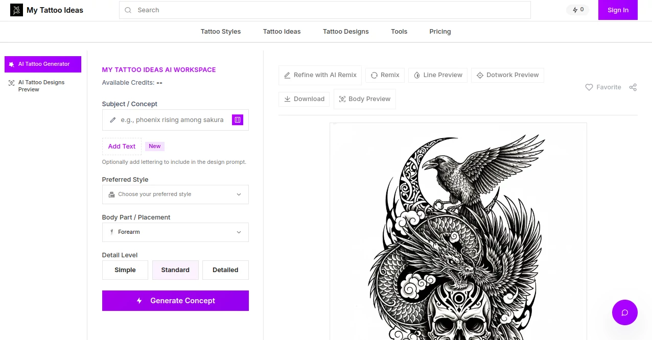 Screenshot of My Tattoo Ideas – An AI tool in the ,Photo & Image Editor ,AI Tattoo Generator ,AI Design Generator ,AI Image to Image  category, showcasing its interface and key features.