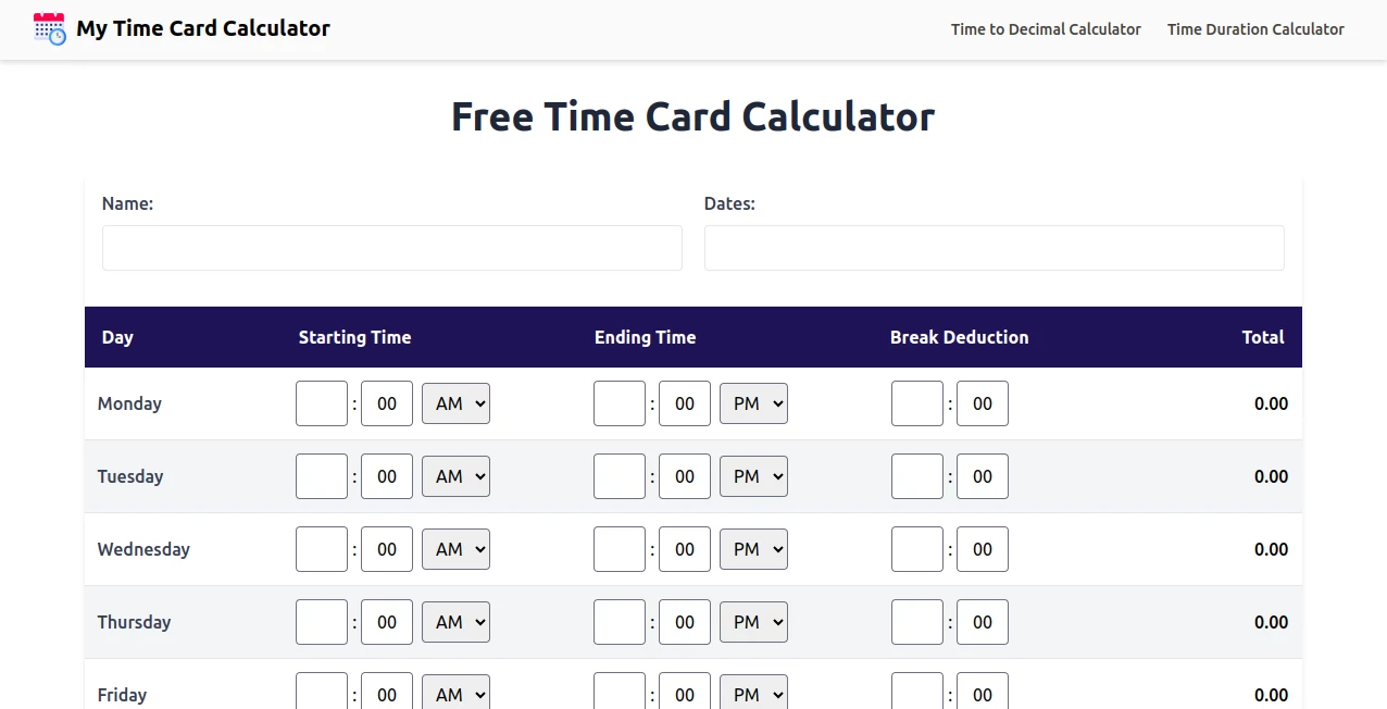 Screenshot of My Time Card Calculator – An AI tool in the ,AI Productivity Tools ,AI Task Management  category, showcasing its interface and key features.