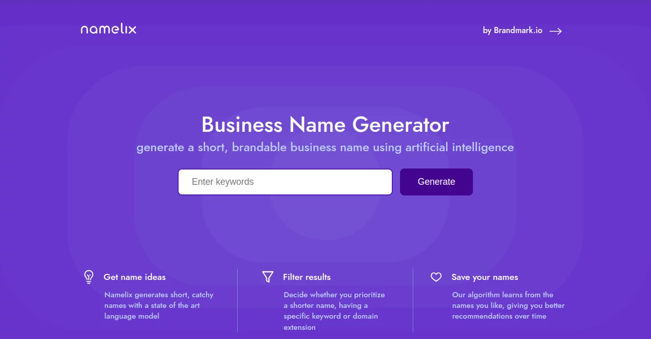 Screenshot of Namelix – An AI tool in the ,AI Domain Name Generator  category, showcasing its interface and key features.