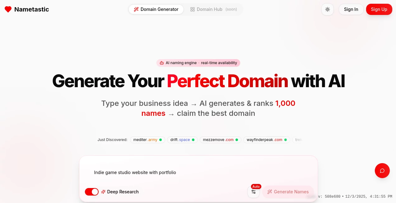 Screenshot of Nametastic – An AI tool in the ,AI Business Ideas Generator ,AI Domain Name Generator ,AI SEO Assistant ,AI Marketing Plan Generator  category, showcasing its interface and key features.