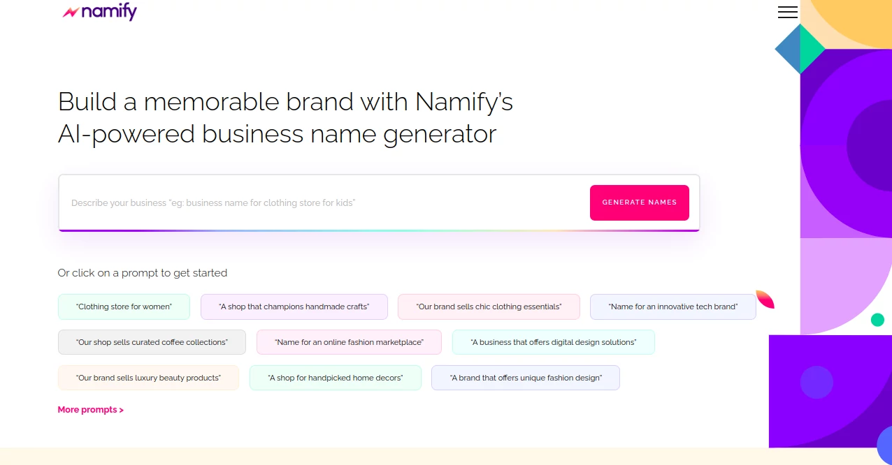 Screenshot of Namify – An AI tool in the ,AI Logo Generator ,AI Domain Name Generator  category, showcasing its interface and key features.