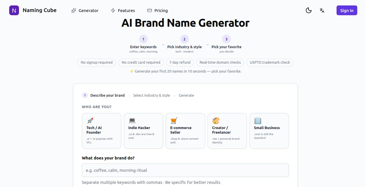 Screenshot of Naming Cube – An AI tool in the ,AI Business Ideas Generator ,AI Domain Name Generator ,AI Design Assistant ,Marketing  category, showcasing its interface and key features.