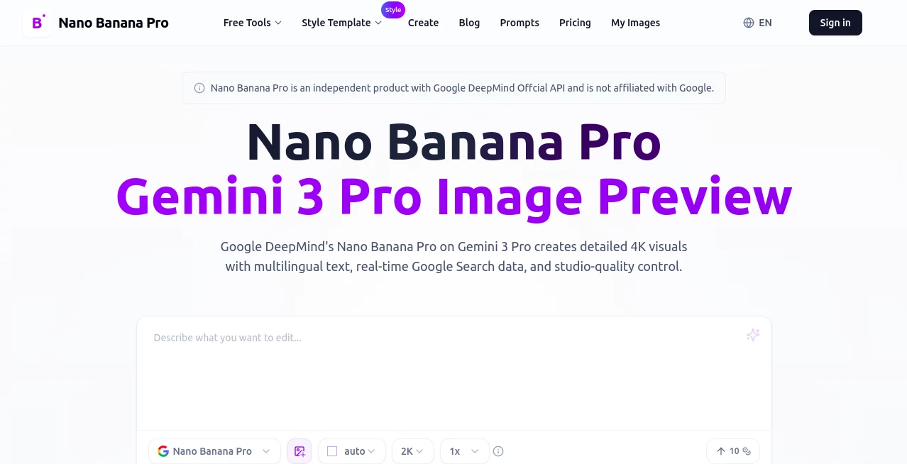 Screenshot of Nano Banana Pro – An AI tool in the ,AI Text to Image ,Photo & Image Editor ,AI Art Generator ,AI Design Generator  category, showcasing its interface and key features.