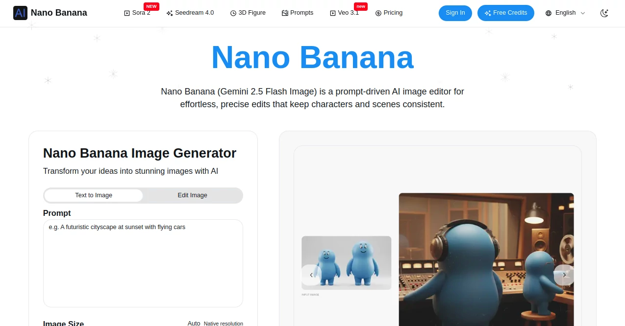 Screenshot of Nano Banana – An AI tool in the ,Photo & Image Editor ,AI Photo Enhancer ,AI Design Generator ,AI Image to Image  category, showcasing its interface and key features.