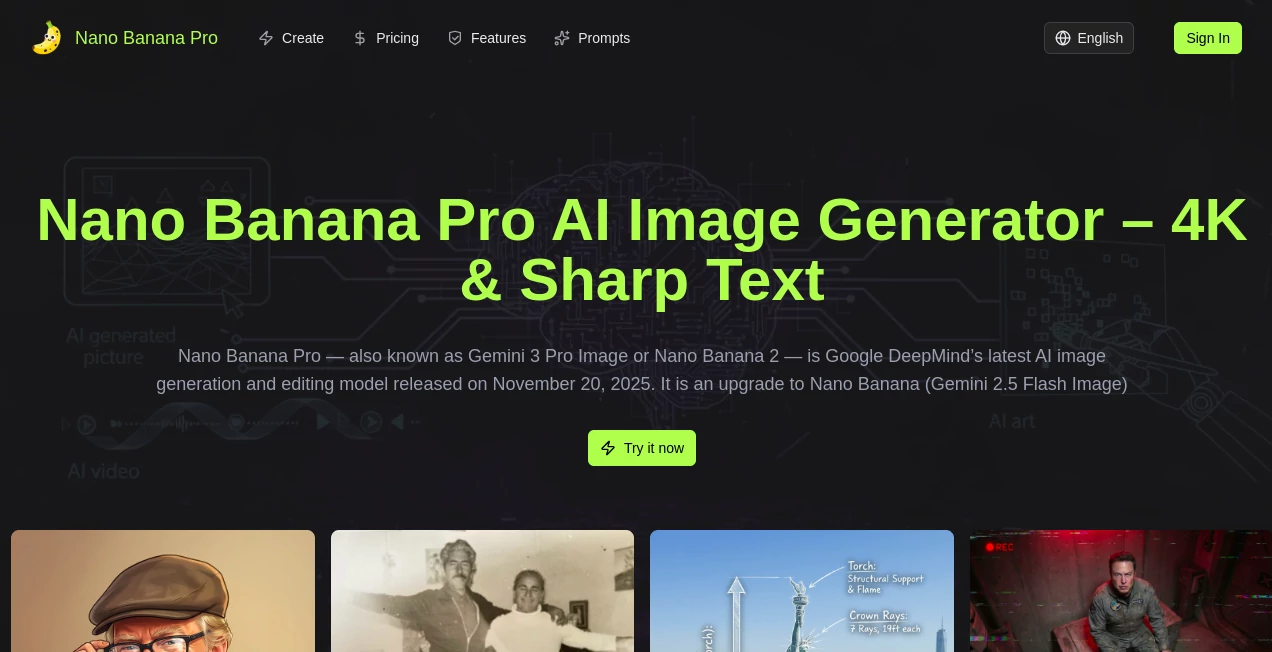 Screenshot of Nano Banana Pro – An AI tool in the ,AI Text to Image ,AI Photo & Image Generator ,AI Art Generator ,AI Design Generator  category, showcasing its interface and key features.