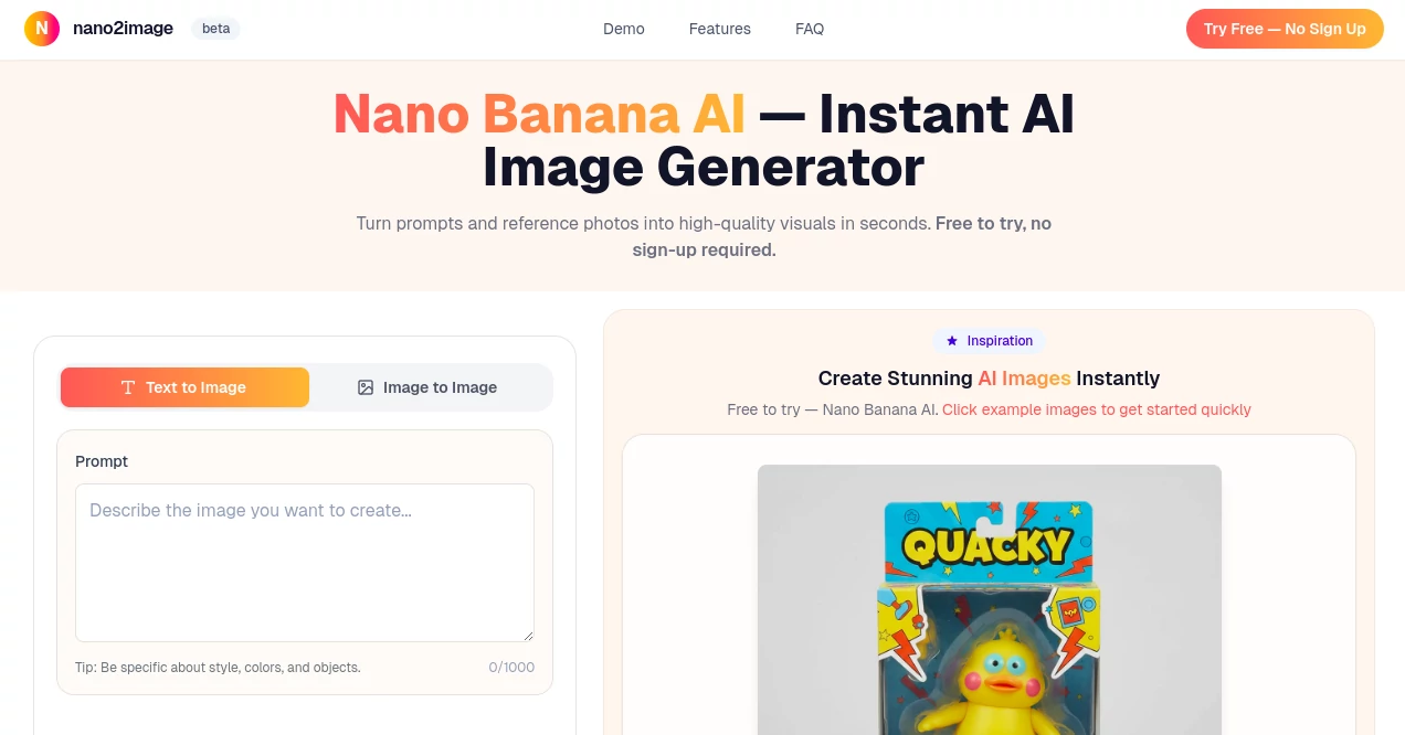 Screenshot of Nano2Image — Free AI Image Tool – An AI tool in the ,AI Text to Image ,AI Photo & Image Generator ,Photo & Image Editor  category, showcasing its interface and key features.