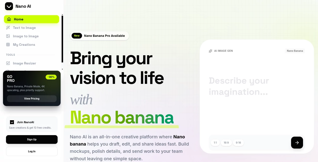 Screenshot of Nano AI – An AI tool in the ,AI Text to Image ,AI Photo & Image Generator ,AI Art Generator ,AI Design Generator  category, showcasing its interface and key features.