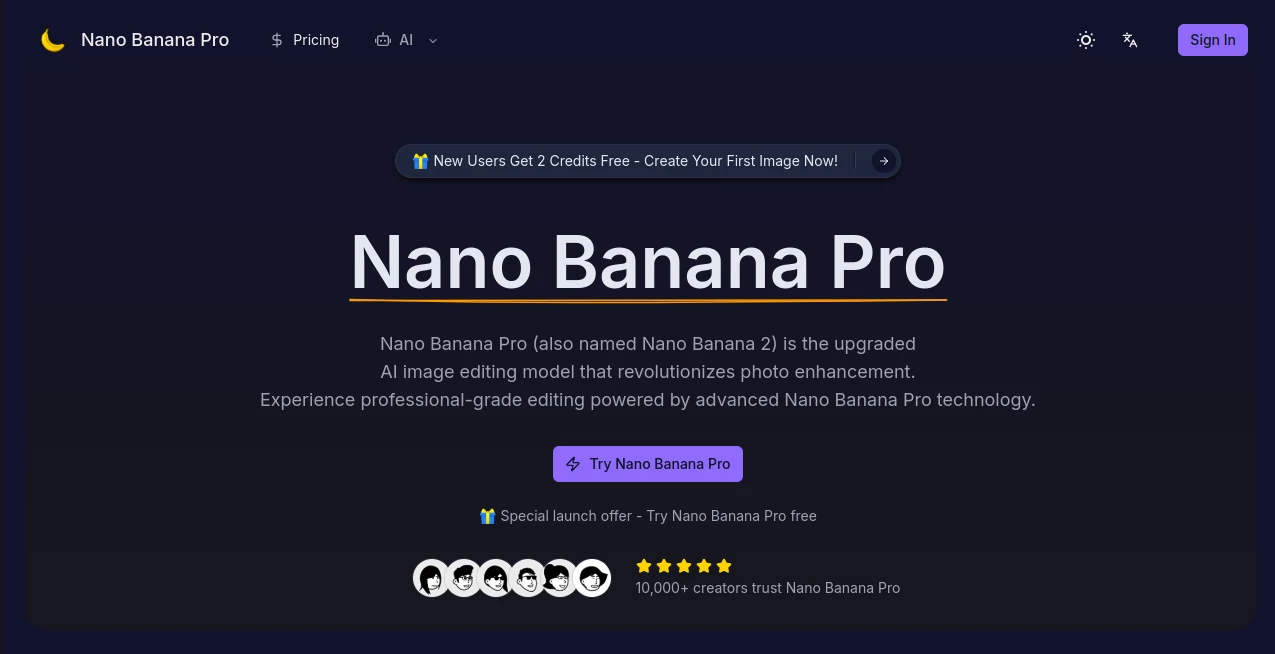 Screenshot of Nano Banana Pro – An AI tool in the ,Photo & Image Editor ,AI Photo Enhancer ,AI Image to Image ,AI Art Generator  category, showcasing its interface and key features.