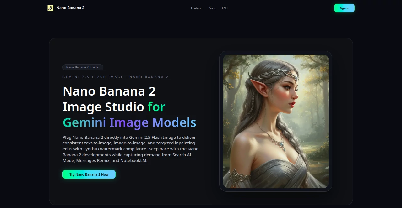 Screenshot of Nano Banana 2 – An AI tool in the ,AI Photo & Image Generator ,Photo & Image Editor ,AI Photo Enhancer ,AI Image to Image  category, showcasing its interface and key features.