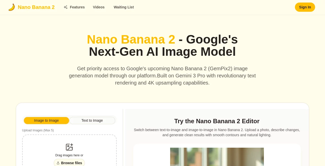Screenshot of Nano Banana 2 – An AI tool in the ,AI Photo & Image Generator ,AI Design Generator ,AI Text to Image  category, showcasing its interface and key features.