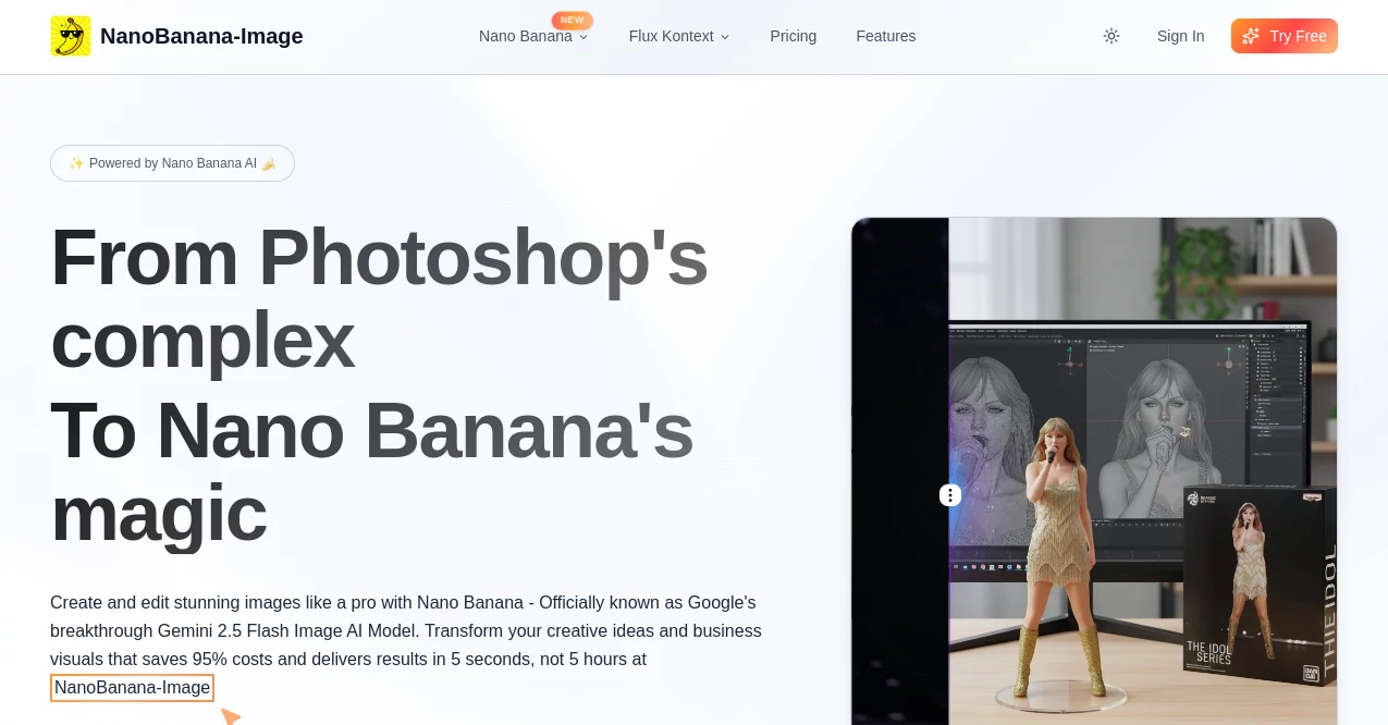 Screenshot of NanoBnana-Image – An AI tool in the ,AI Photo & Image Generator ,Photo & Image Editor  category, showcasing its interface and key features.