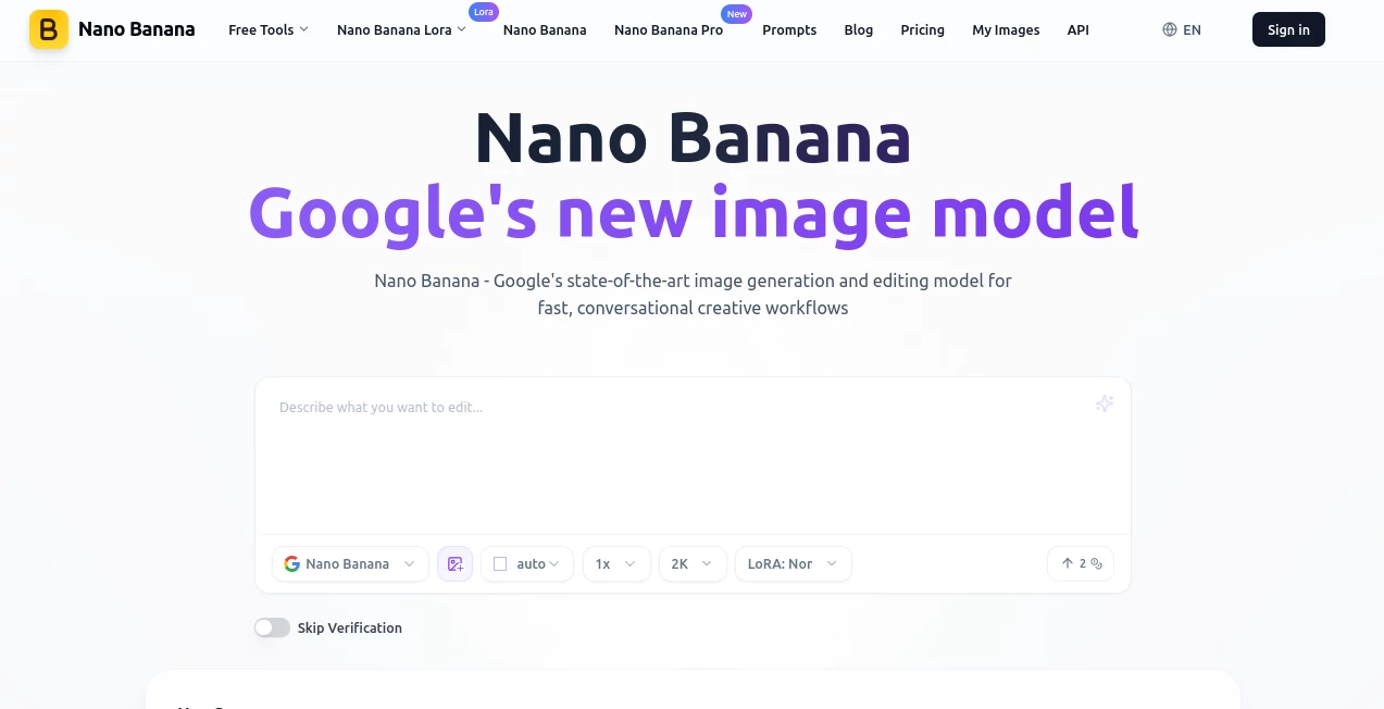 Screenshot of Nano Banana – An AI tool in the ,Photo & Image Editor ,AI Image to Image ,AI Art Generator ,AI Design Generator  category, showcasing its interface and key features.
