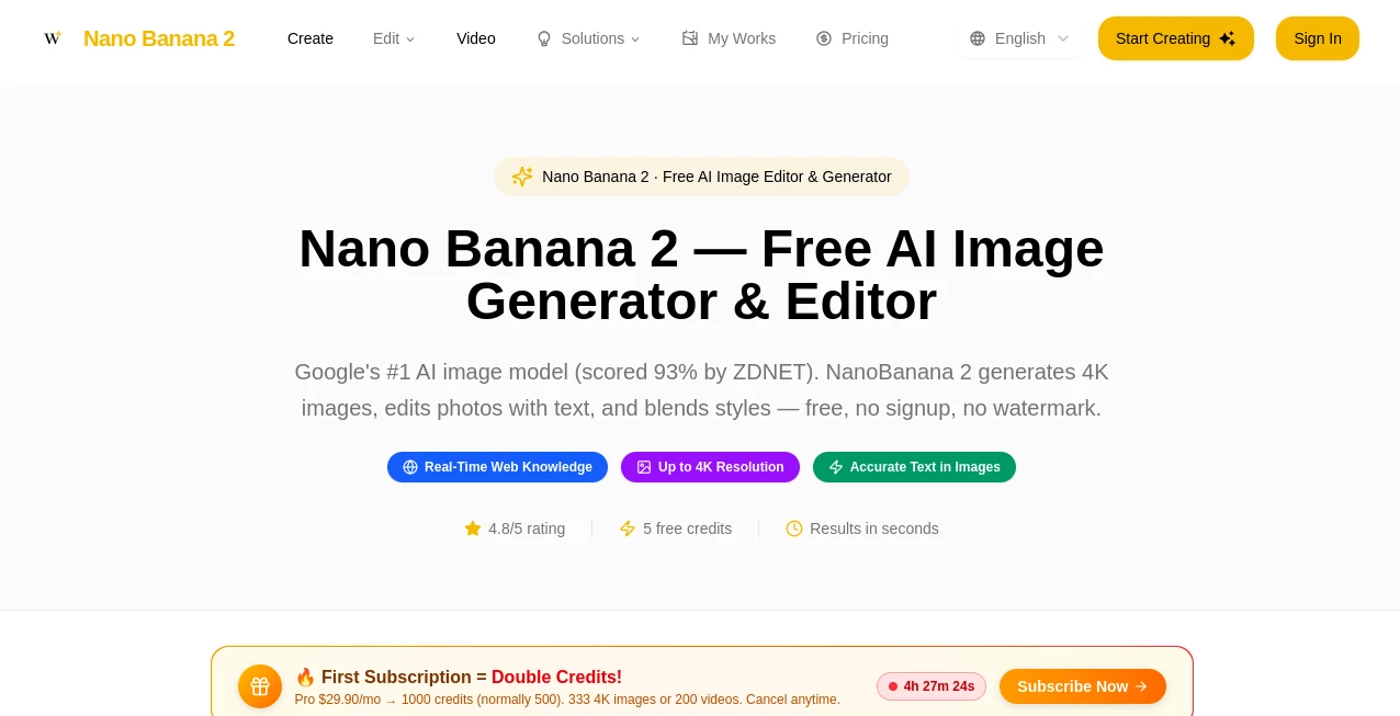 Screenshot of NanoBanana2 – An AI tool in the ,AI Photo & Image Generator ,AI Image to Image ,AI Art Generator ,AI Design Generator  category, showcasing its interface and key features.