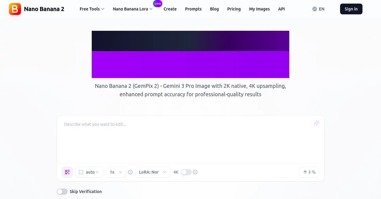 Screenshot of Nano Banana 2 – An AI tool in the ,Photo & Image Editor ,AI Art Generator ,AI Design Generator ,AI Image to Image  category, showcasing its interface and key features.