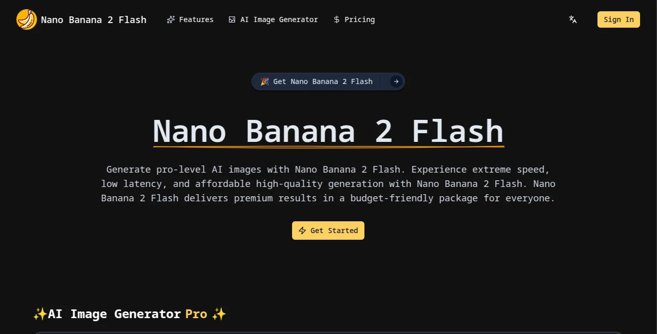 Screenshot of Nano Banana 2 Flash – An AI tool in the ,AI Photo & Image Generator ,AI Art Generator ,AI Design Generator ,AI Text to Image  category, showcasing its interface and key features.