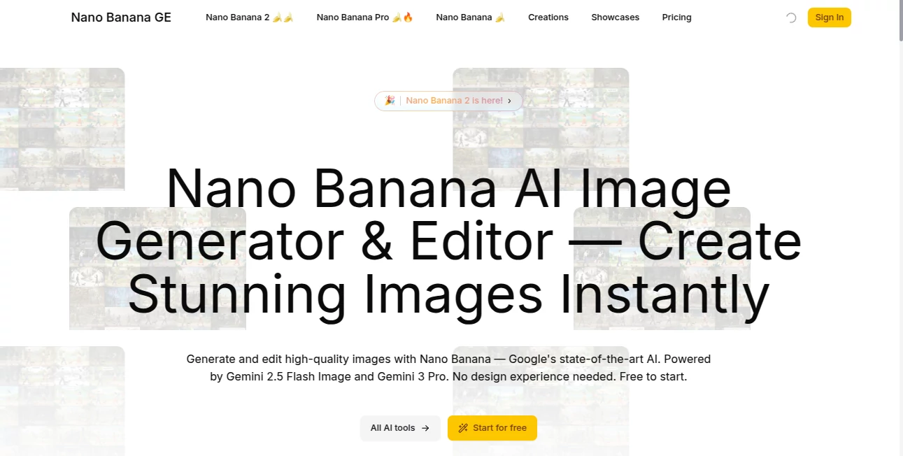 Screenshot of Nano Banana GE – An AI tool in the ,AI Photo & Image Generator ,AI Art Generator ,AI Design Generator ,AI Image to Image  category, showcasing its interface and key features.