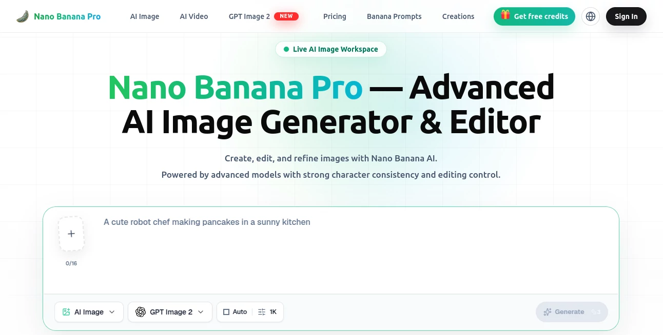 Screenshot of Nano Banana Pro – An AI tool in the ,AI Photo & Image Generator ,AI Image to Image ,AI Art Generator ,AI Design Generator  category, showcasing its interface and key features.