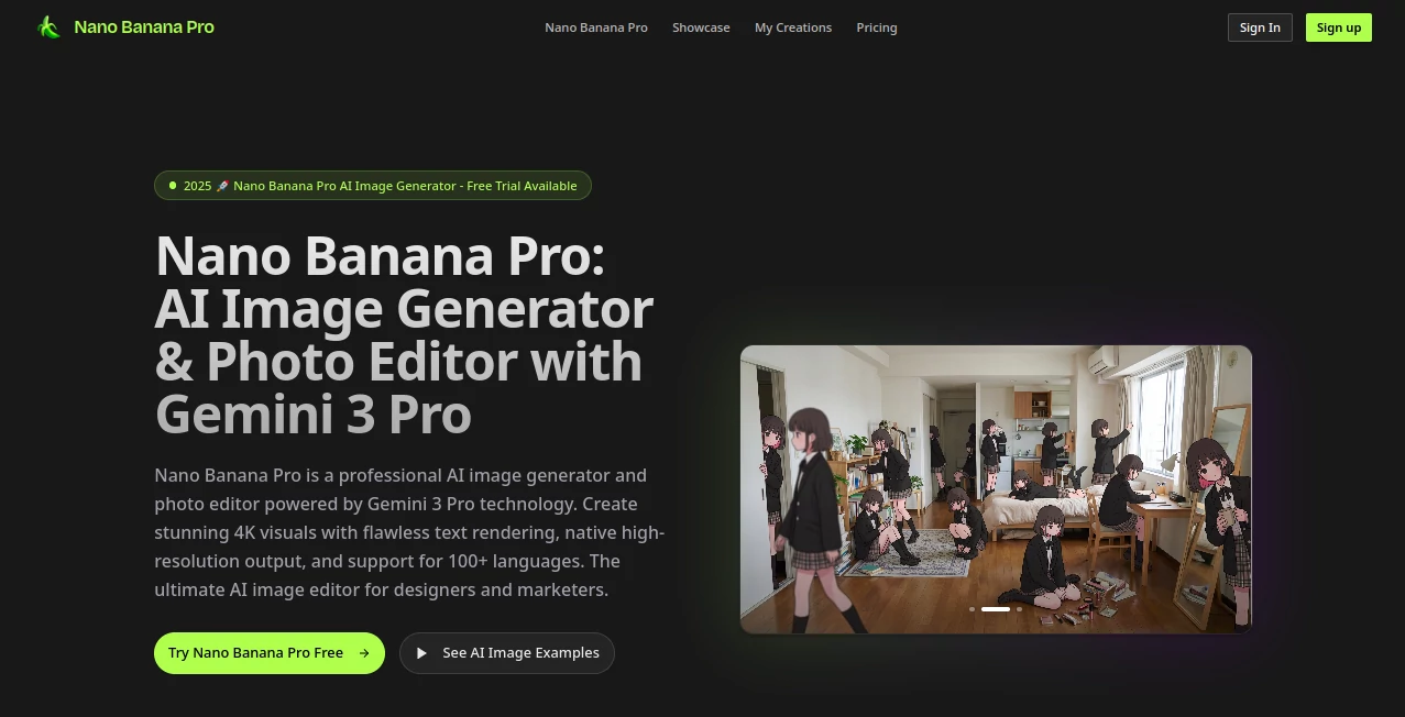 Screenshot of Nano Banana Pro – An AI tool in the ,AI Text to Image ,AI Photo & Image Generator ,AI Art Generator ,AI Design Generator  category, showcasing its interface and key features.