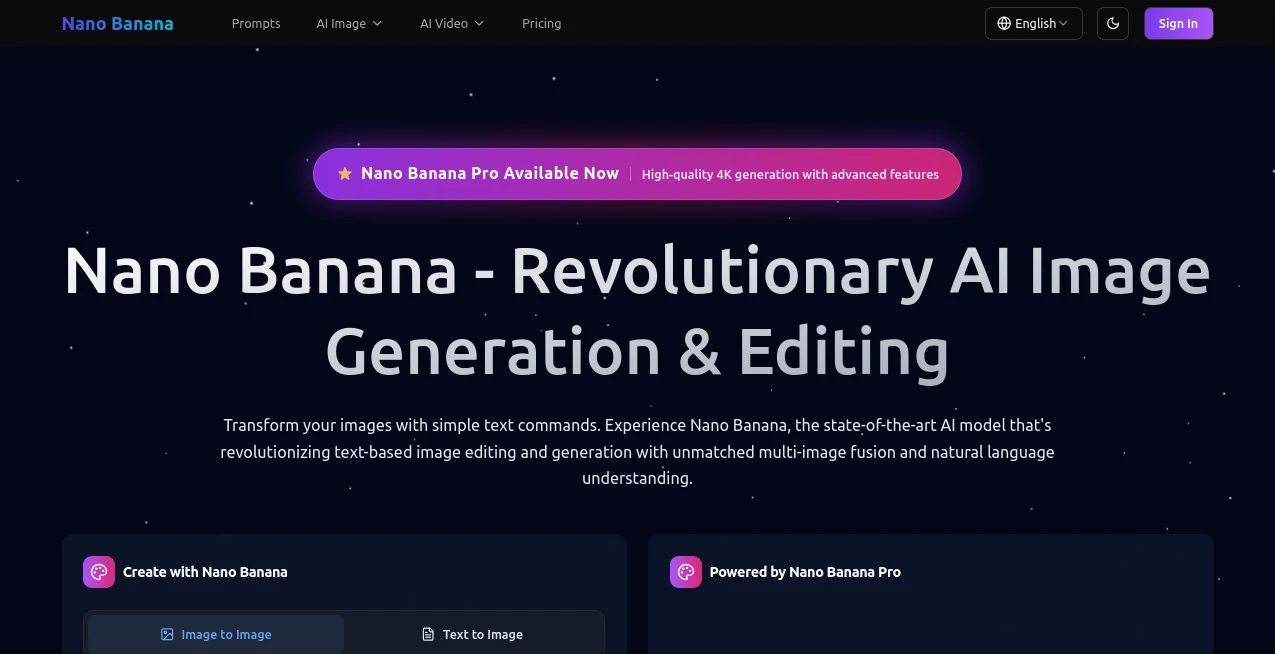 Screenshot of Nano Banana – An AI tool in the ,AI Photo & Image Generator ,Photo & Image Editor ,AI Art Generator ,AI Image to Image  category, showcasing its interface and key features.