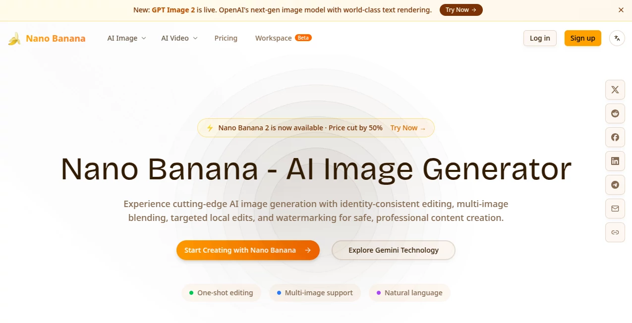 Screenshot of Nano Banana – An AI tool in the ,AI General Writing ,AI Writing Assistants ,AI Content Generator ,AI Productivity Tools  category, showcasing its interface and key features.