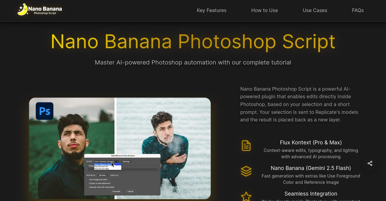 Screenshot of Nano Banana Photoshop Script – An AI tool in the ,AI Design Assistant ,AI Photo Enhancer ,Photo & Image Editor  category, showcasing its interface and key features.
