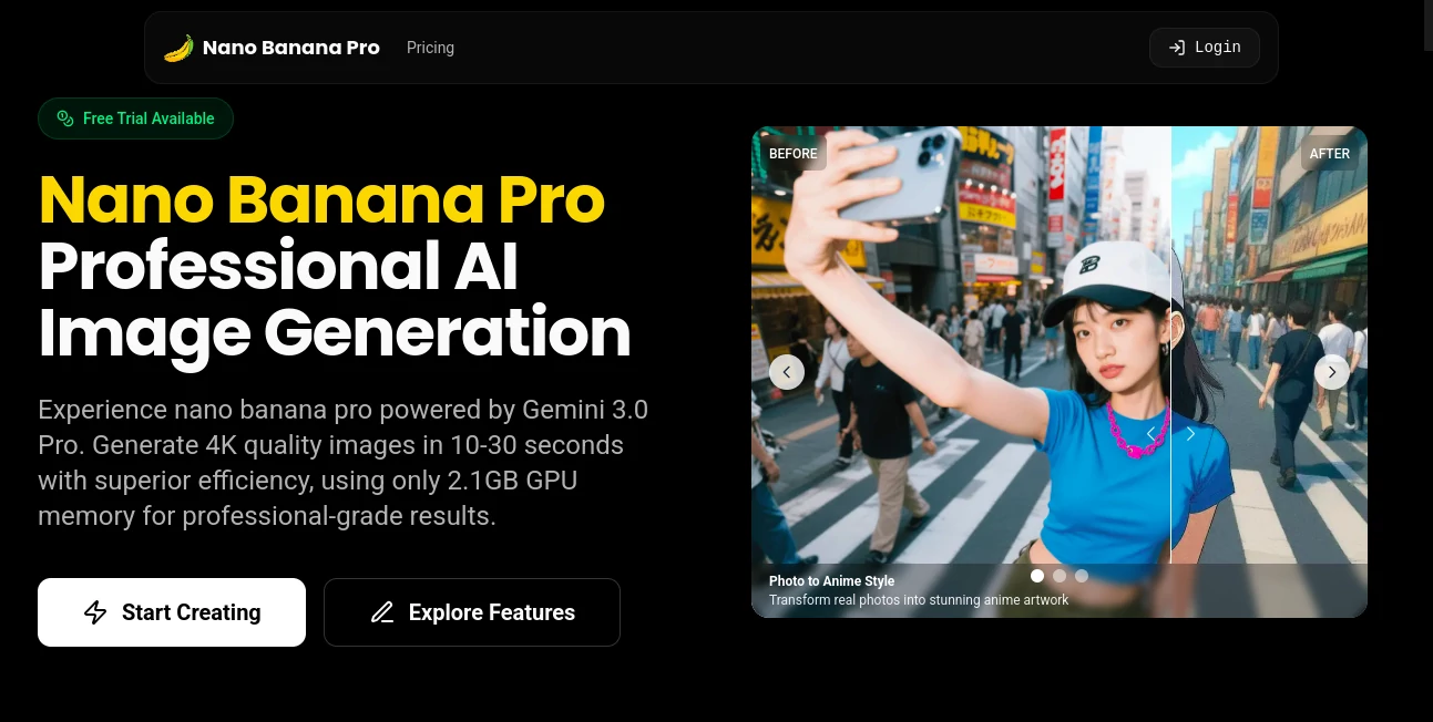 Screenshot of Nano Banana Pro – An AI tool in the ,AI Photo & Image Generator ,AI Image to Image ,AI Art Generator ,AI Design Generator  category, showcasing its interface and key features.